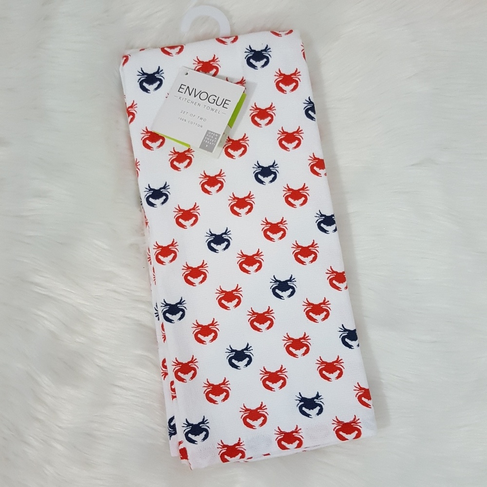 Envogue Red Blue Crab Print Kitchen Tea Towels Set